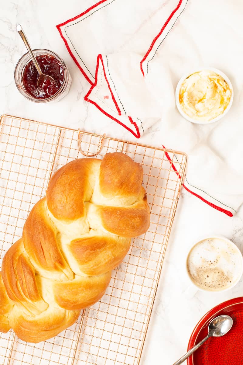 braided Swiss bread with honey butter