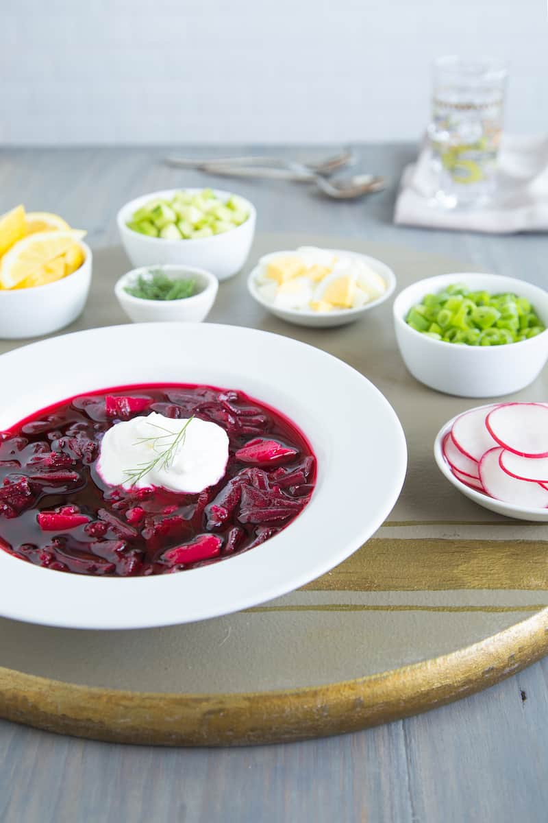 cold borscht with garnishes