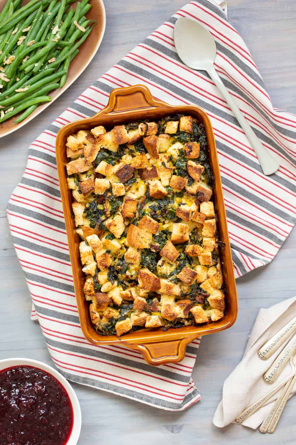 kale leek and bacon bread pudding for Thanksgiving side dishes