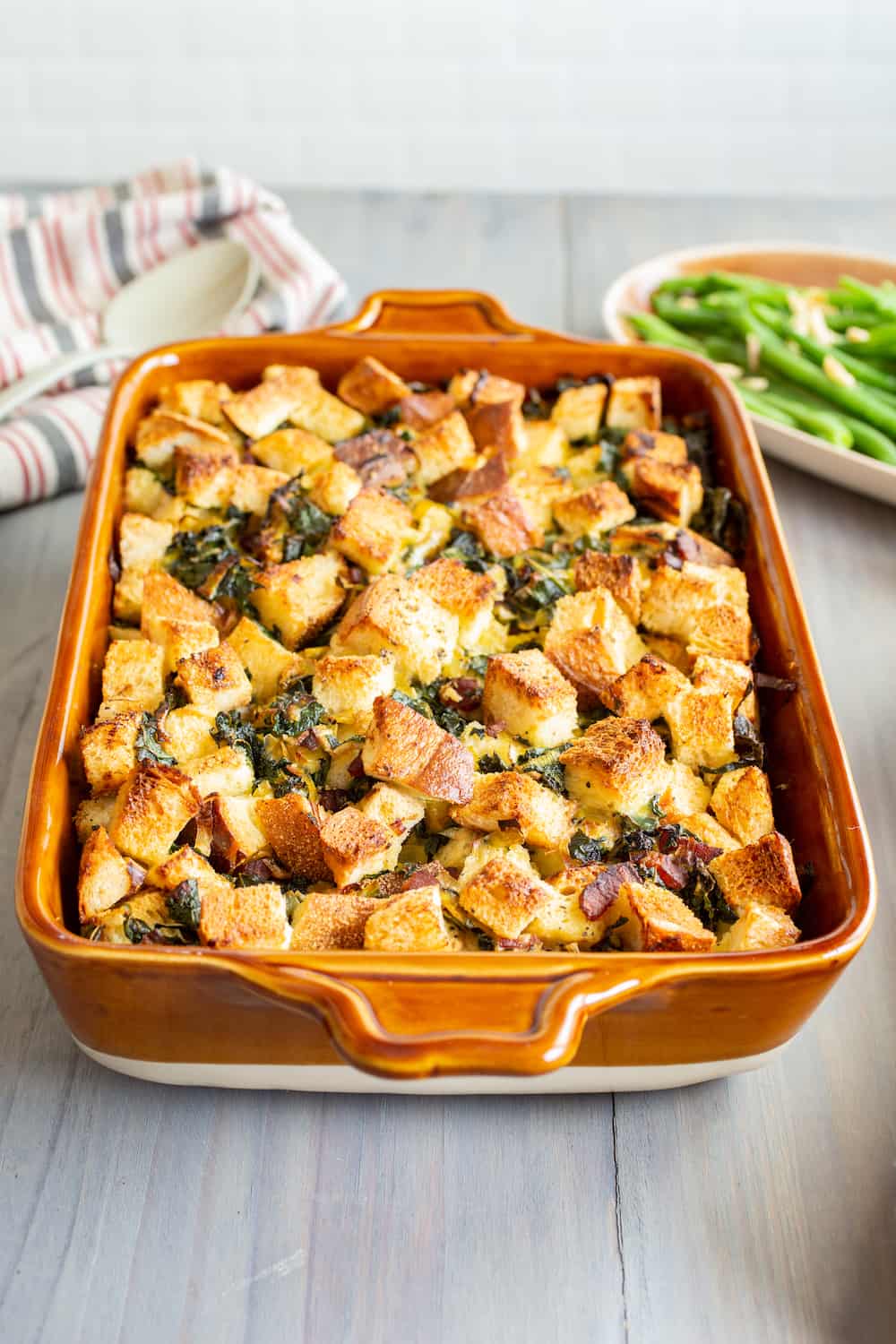 kale leek and bacon bread pudding