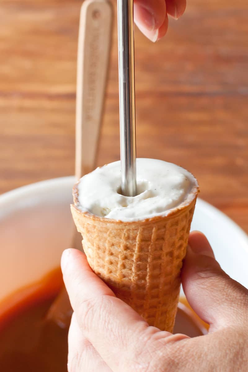 Homemade peanut butter caramel Drumstick cones topped with magic shell take the classic ice cream treat and turn it into something luxurious. #icecream #classicsnacksmadefromscratch