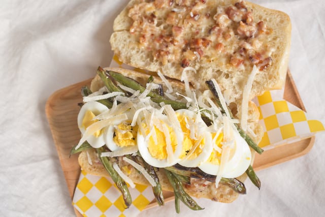 green bean sandwich with bacon, egg, and Parmesan, - via www.www.goodfoodstories.com