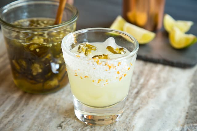 margarita with candied jalapenos