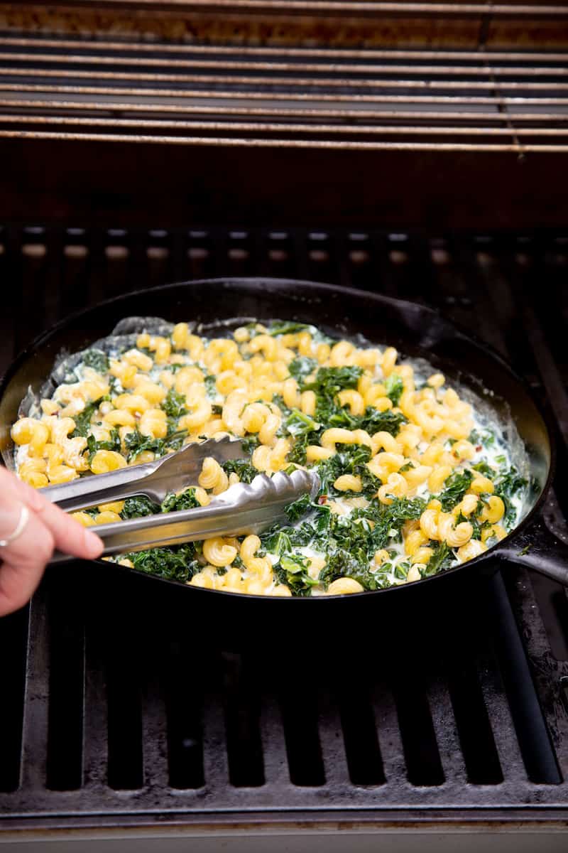 grilled cast iron skillet mac and cheese with kale