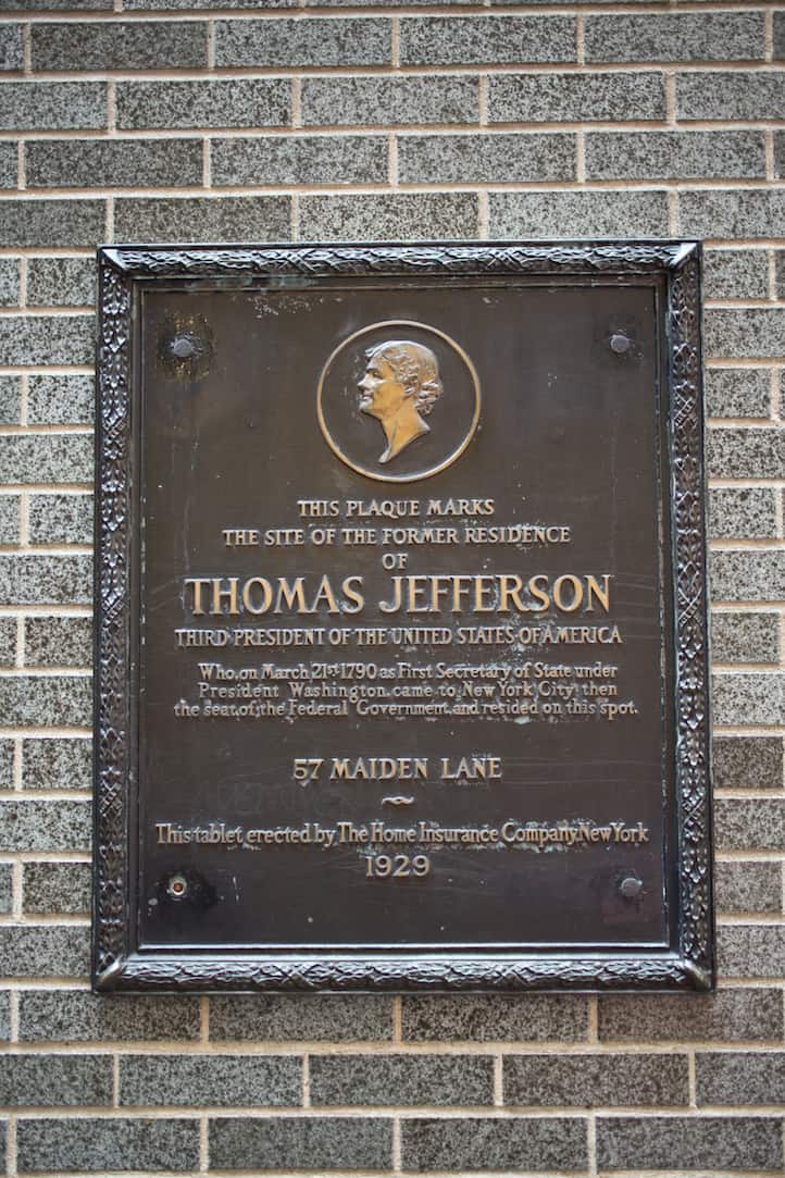 Thomas Jefferson plaque at 57 Maiden Lane