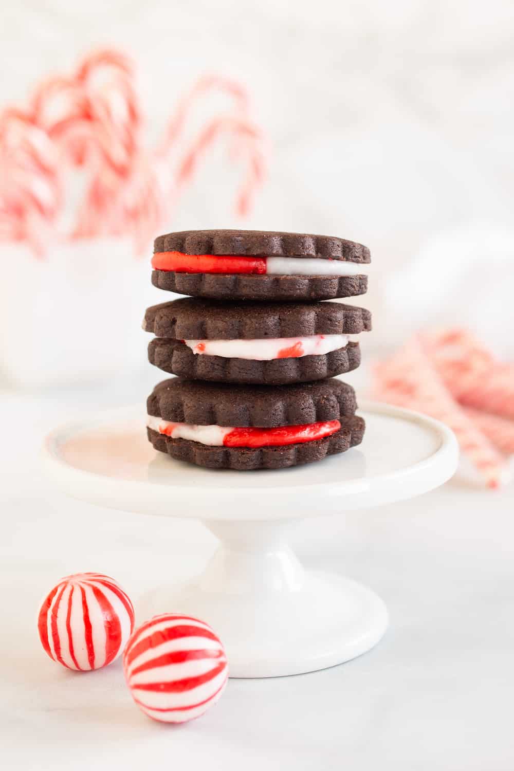 chocolate peppermint sandwich cookies in stacks