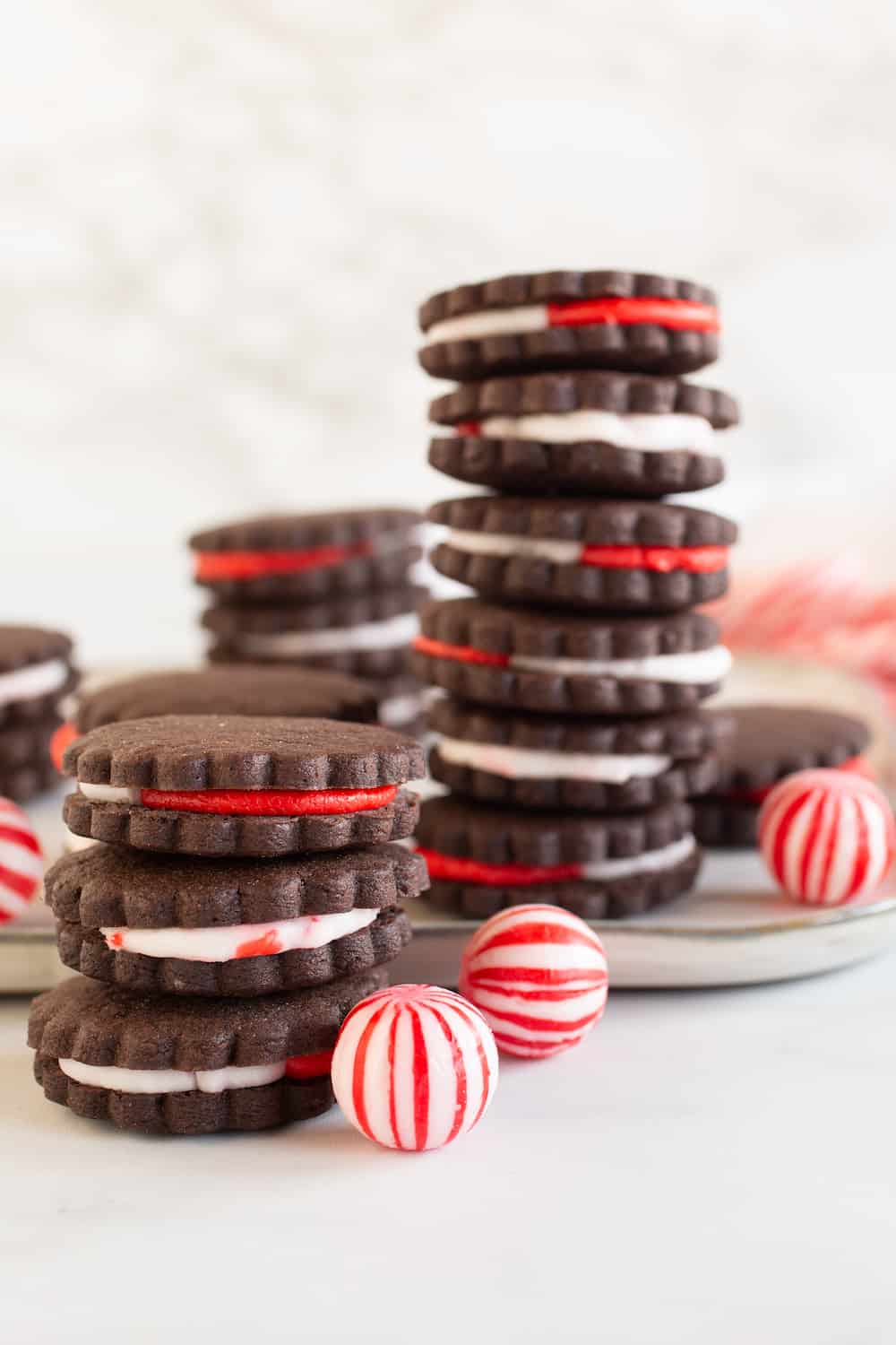 chocolate peppermint sandwich cookies in stacks